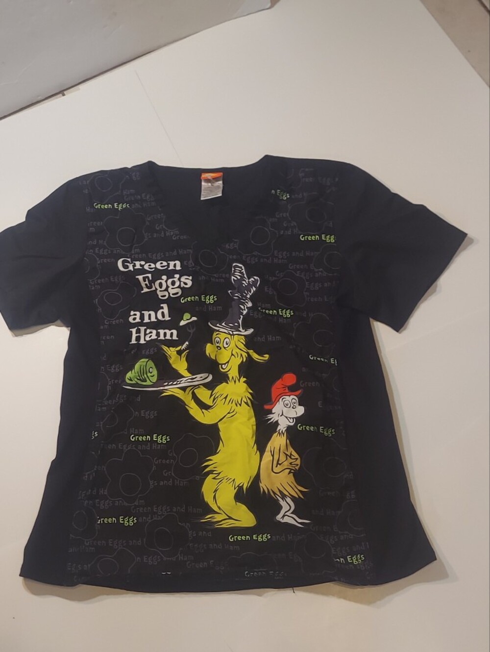 Black 'Green Eggs and Ham' Graphic  Scrub Top Size Medium